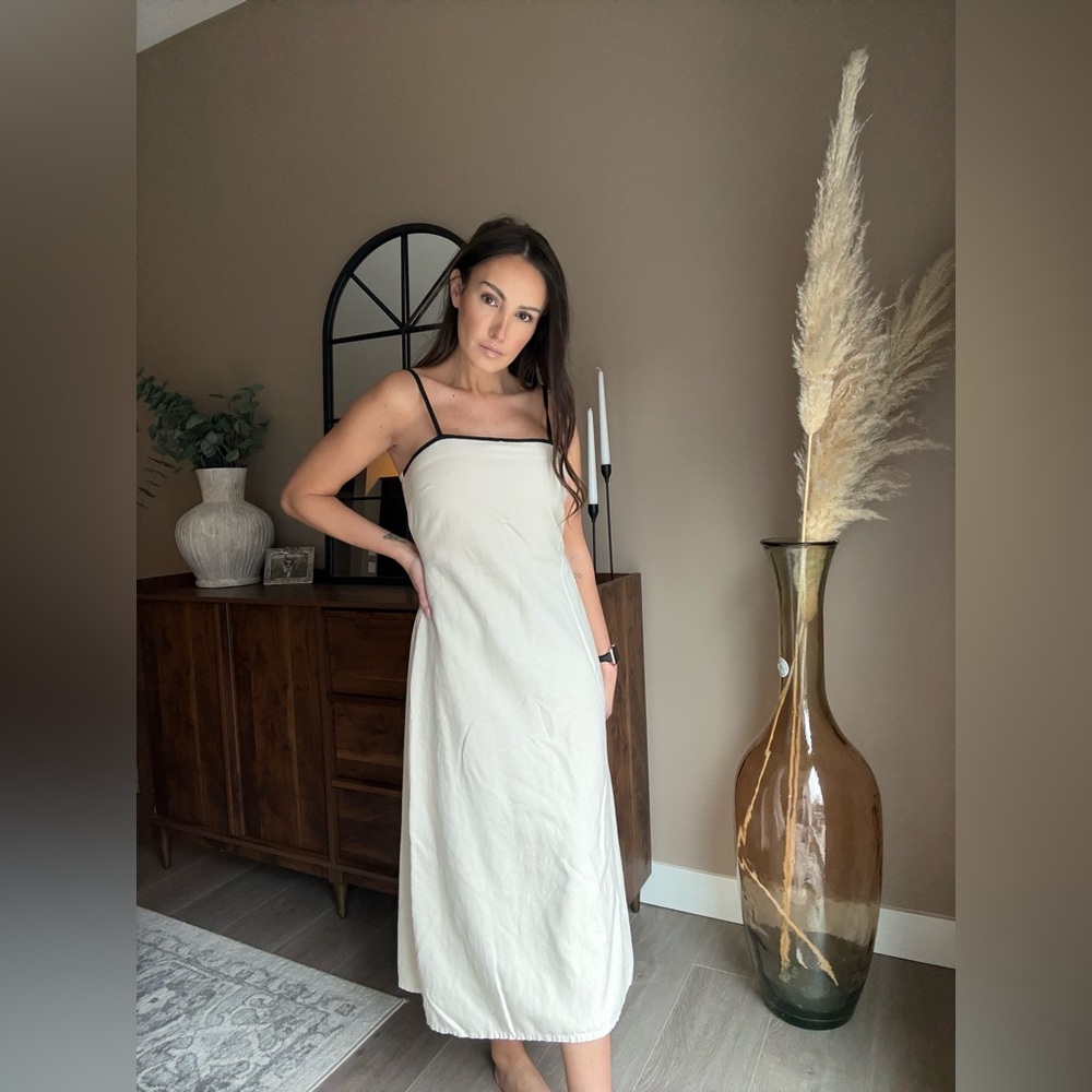 Elegant MIDNIGHT XS Cream Midi Dress with Black Trim | Minimal Slip Dress